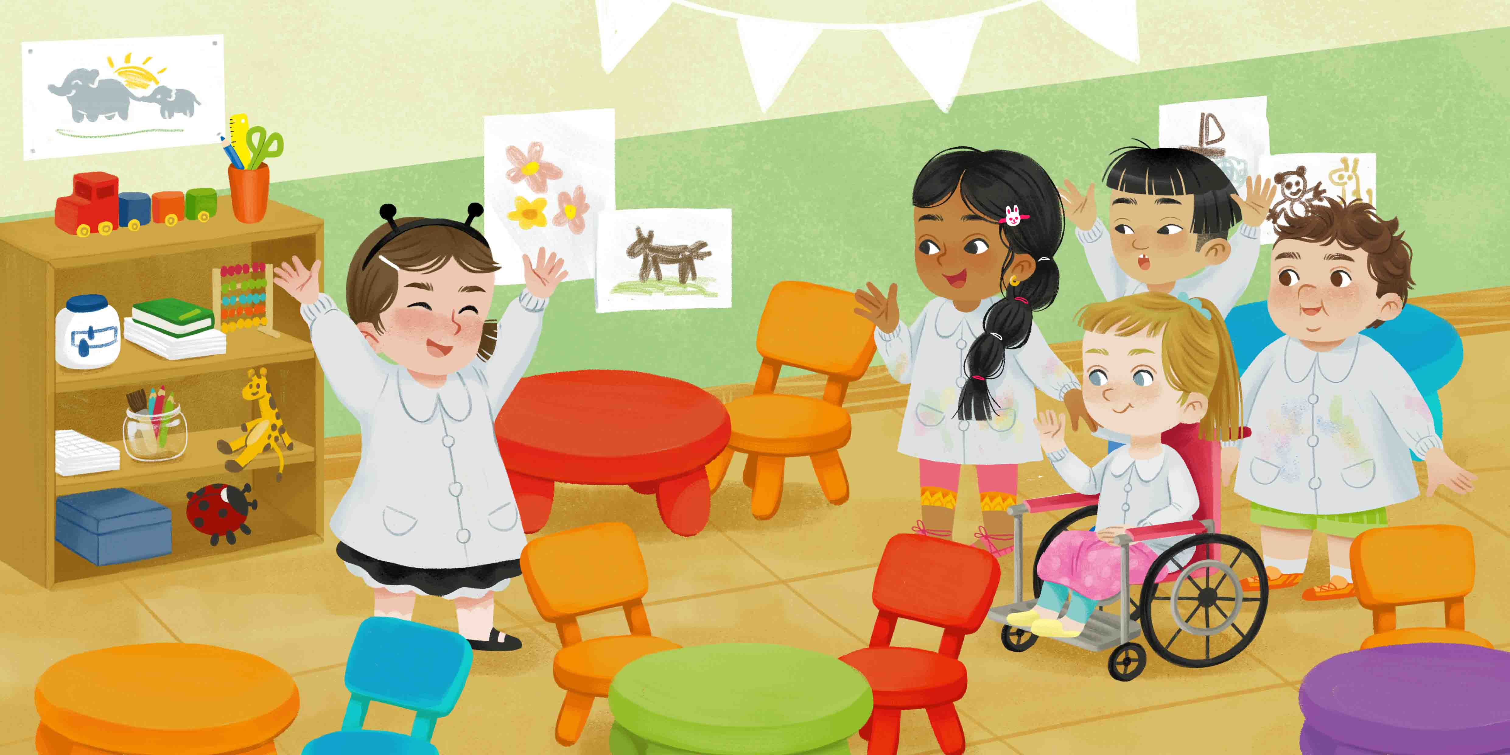 Illustrazione con bambini felici in una scuola materna